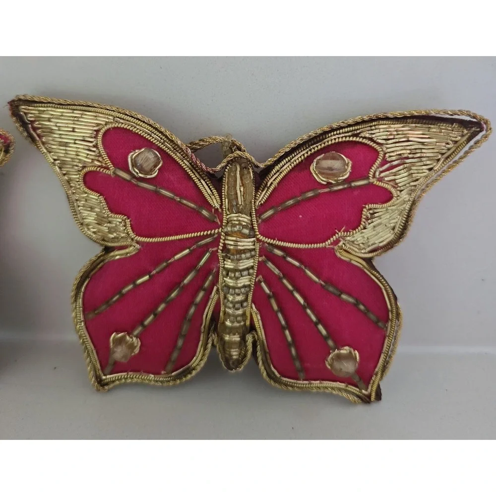 Vtg Butterfly Christmas Ornaments Decorative Pink‎ Gold Thread Beaded Set Of 2